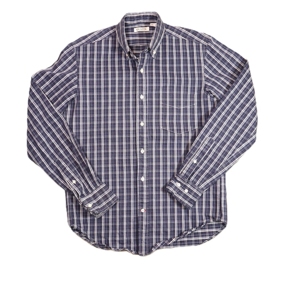 Gustin Workshirt Twill Plaid Button‎ Down Shirt Mens M Blue White Slim Fit USA